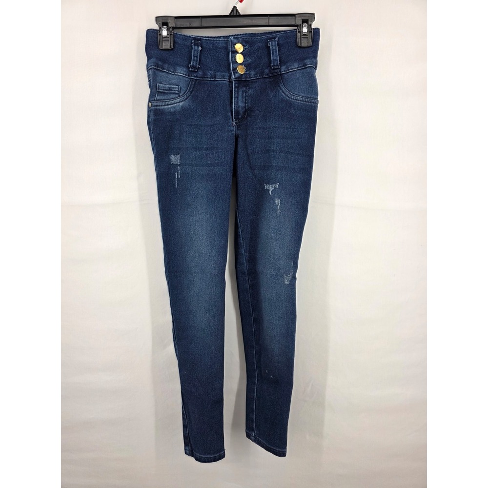 Monkey Jeans Womens Dark Wash High Rise Triple Button Skinny Distressed Jeans 8